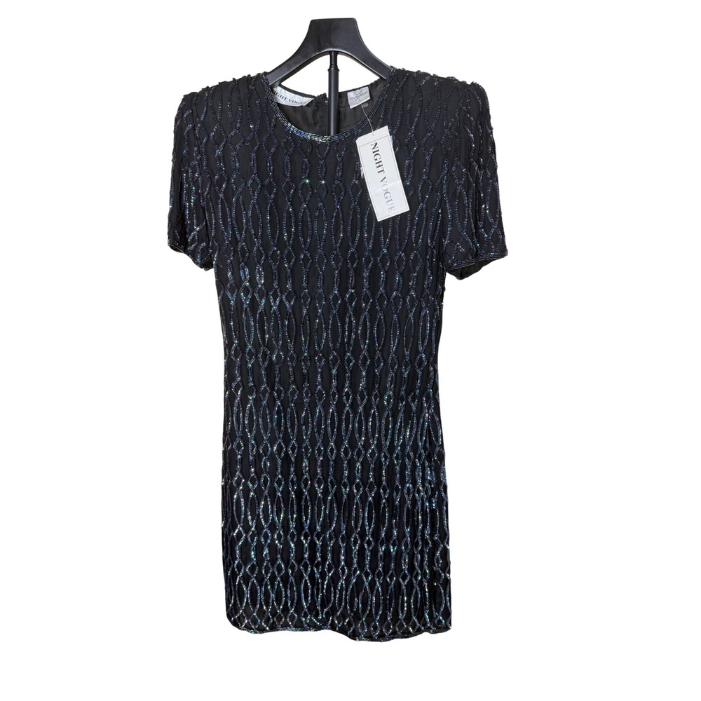 Night Vogue Vintage Silk Beaded Sequin Mini Dress Iridescent Black Blue Womens S